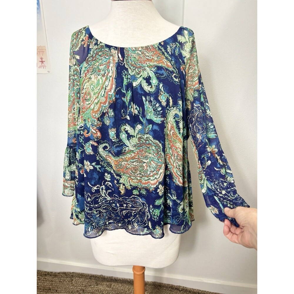 WOMEN'S 2X COTTAGE BOHO NAVY/AQUA POLY BL 3/4 BELL SLEEVED PAISLEY BLOUSE VACAY